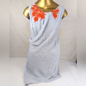 Ric Rac Light Blue Gray Blouse Floral With Orange Beaded Appliques Medium